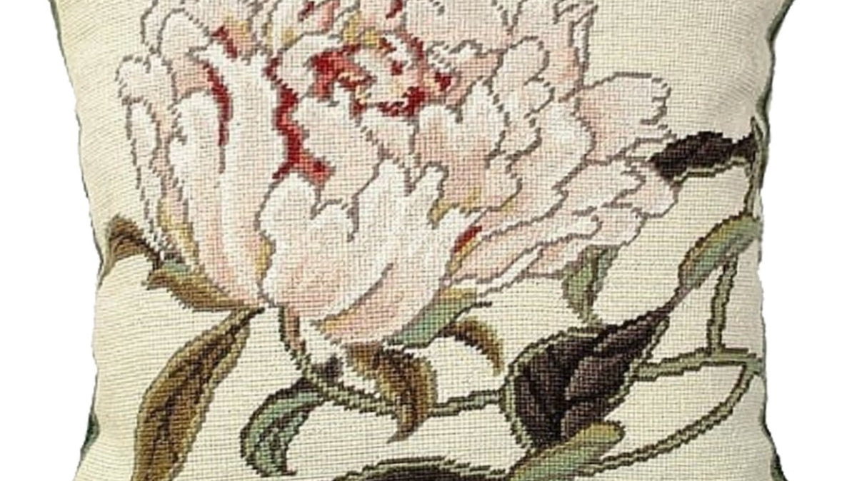 Pink Peonies Botanical needlepoint throw pillow with botanical floral design