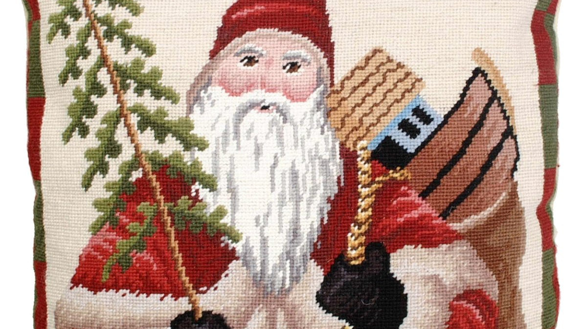 Santa Toys With Tree needlepoint holiday throw pillow with festive design
