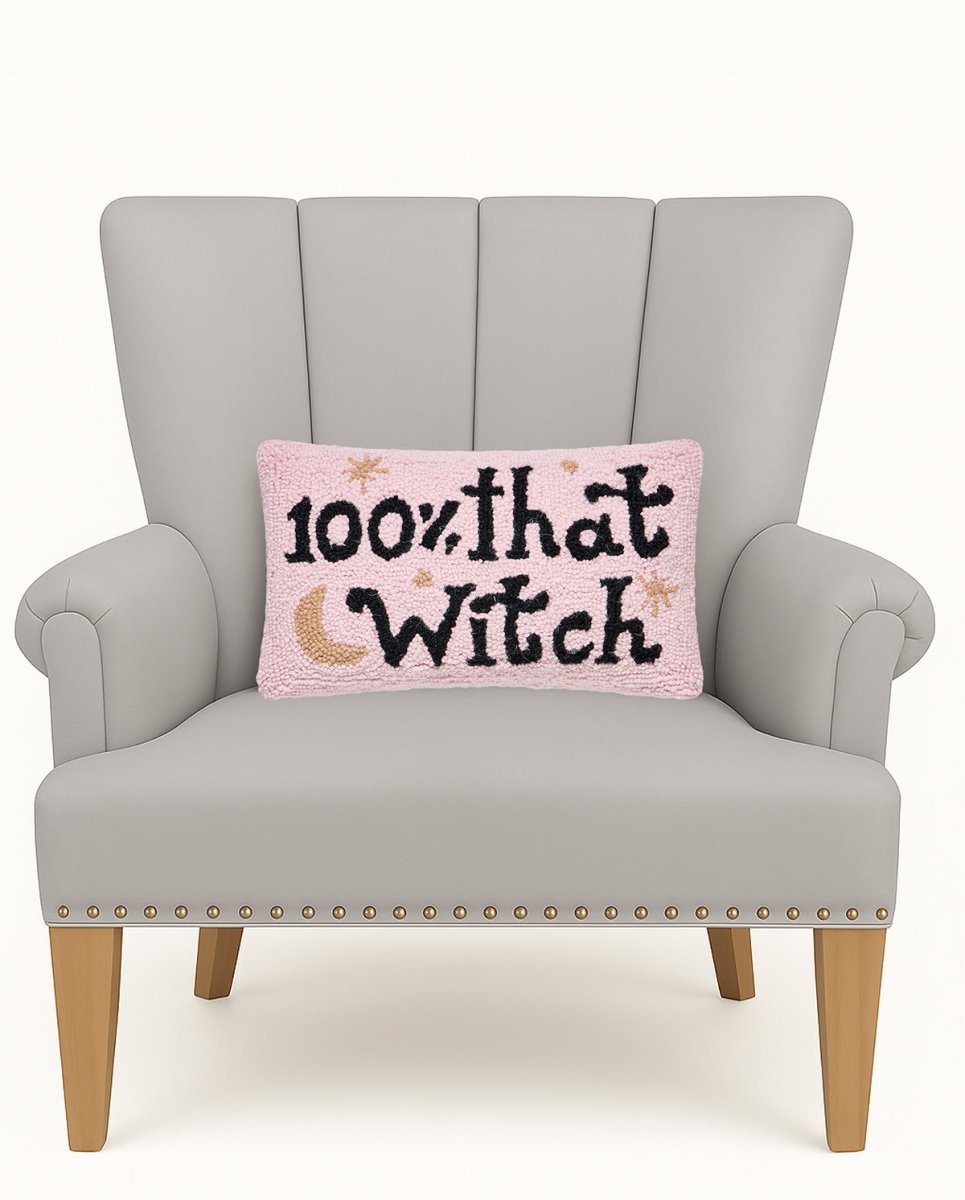 100% That Witch Hooked Wool Halloween Throw Pillow on an armchair, showing the throw pillow at room scale, 9x16 inch