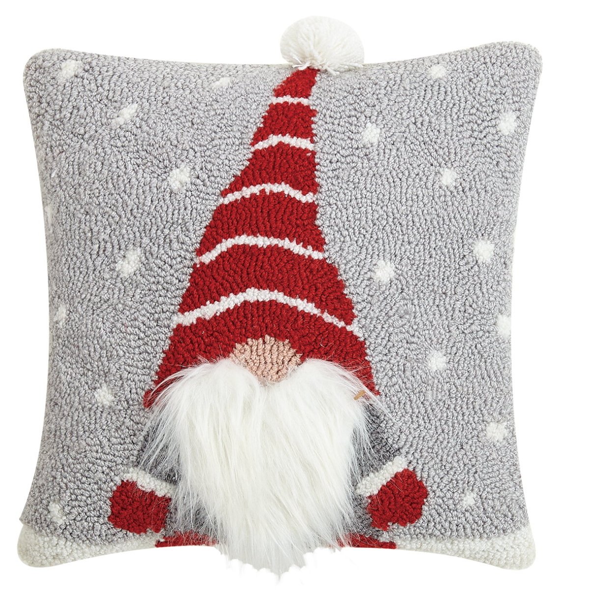 3D Gnome Hooked Wool Christmas Throw Pillow, 14x14 inch, front view