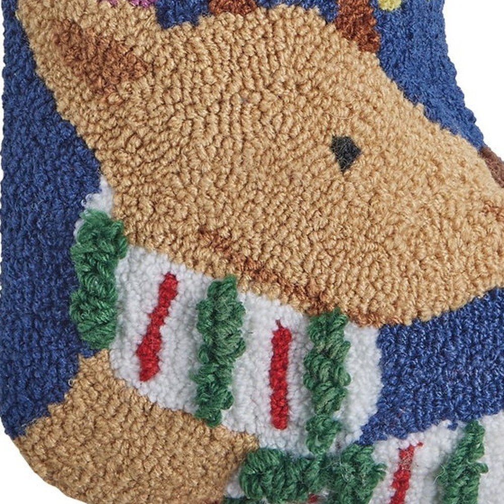 Closeup of 3D Reindeer with Bell Hooked Christmas Stocking showing stitch texture and craftsmanship detail