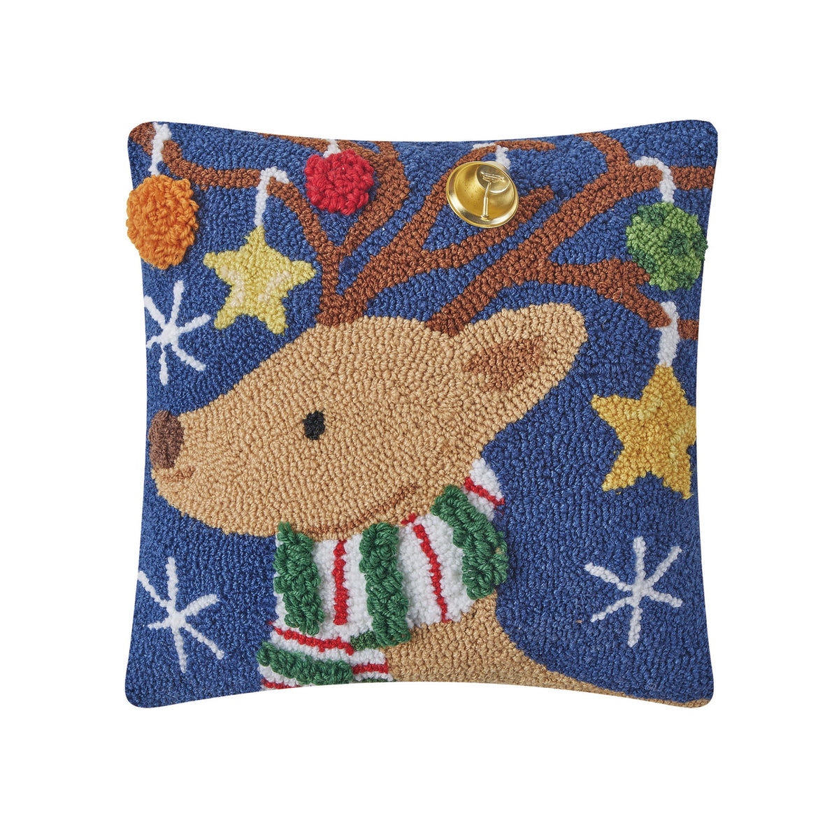 3D Reindeer with Bell Hooked Christmas Throw Pillow, 14x14 inch, front view