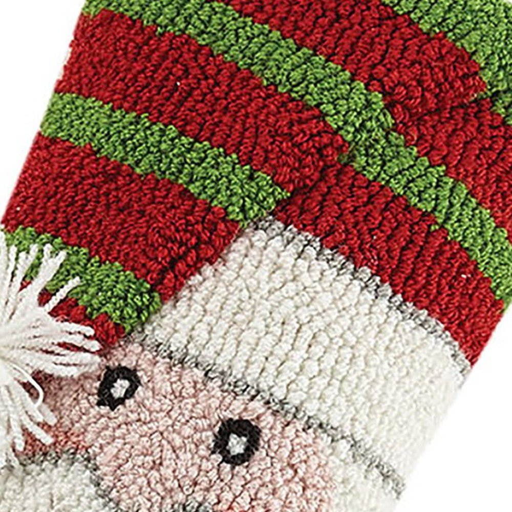 Closeup of 3D Striped Santa Hooked Christmas Stocking showing stitch texture and craftsmanship detail