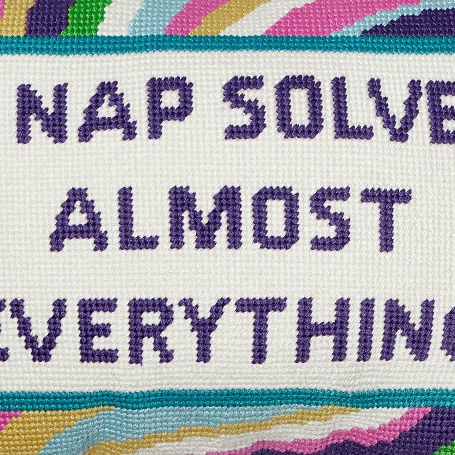 A Nap Solves Almost Embroidered Needlepoint Throw Pillow, close-up detail