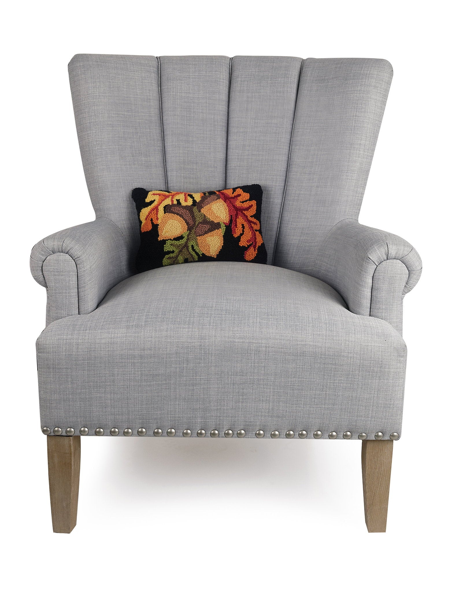 Acorn with Leaves Hooked Wool Fall Harvest Throw Pillow on an armchair, showing the throw pillow at room scale, 8x12 inch