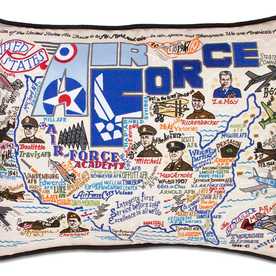 Air Force Appreciation hand-embroidered throw pillow showcasing iconic landmarks
