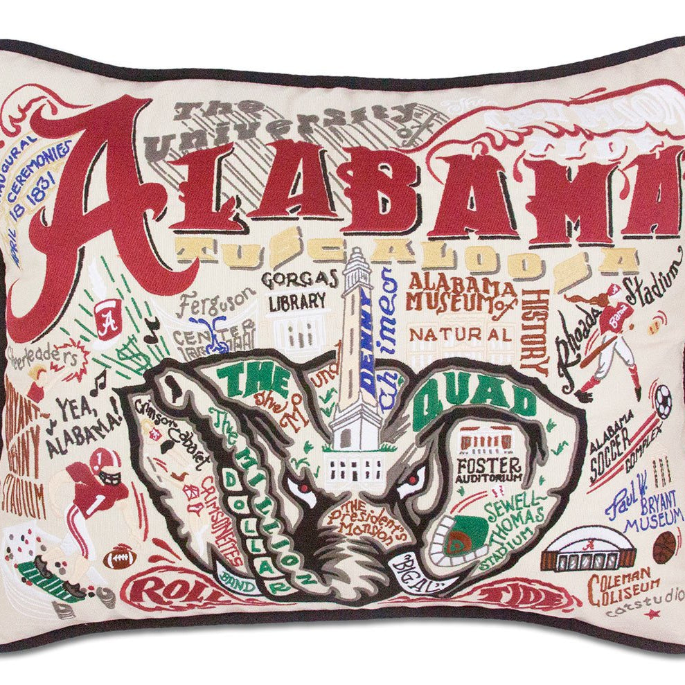 Alabama Crimson Tide hand-embroidered throw pillow featuring school colors and mascot imagery