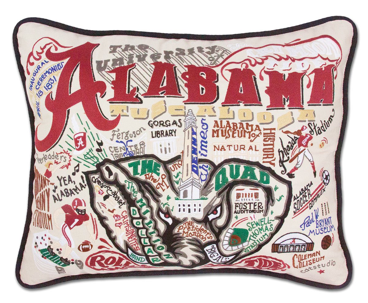 Alabama Crimson Tide hand-embroidered throw pillow featuring school colors and mascot imagery