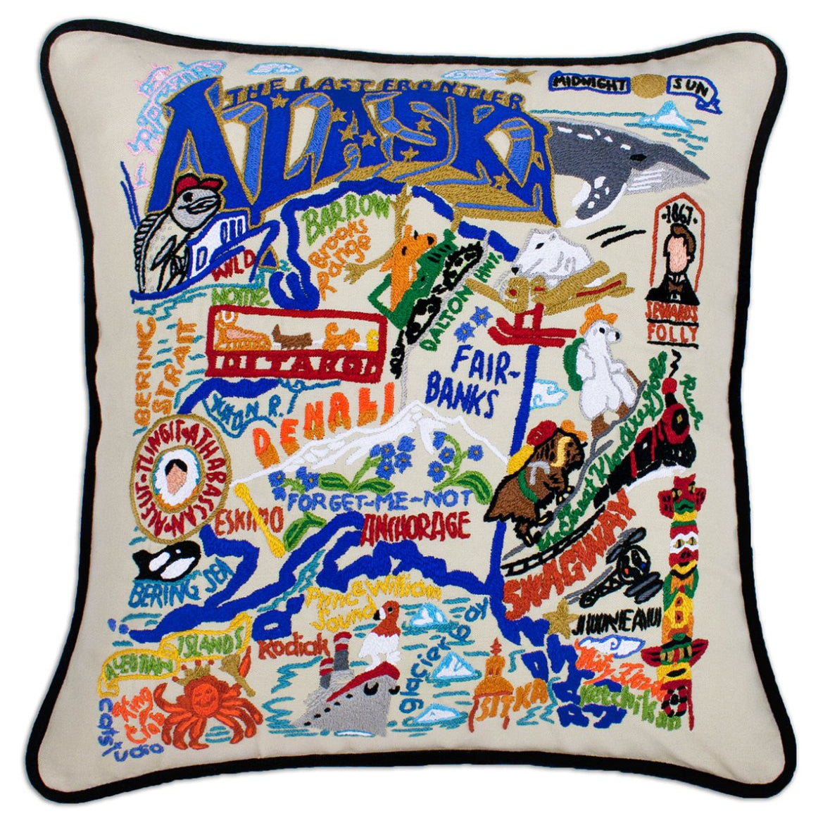 Alaska Wilderness State hand-embroidered throw pillow showcasing iconic landmarks