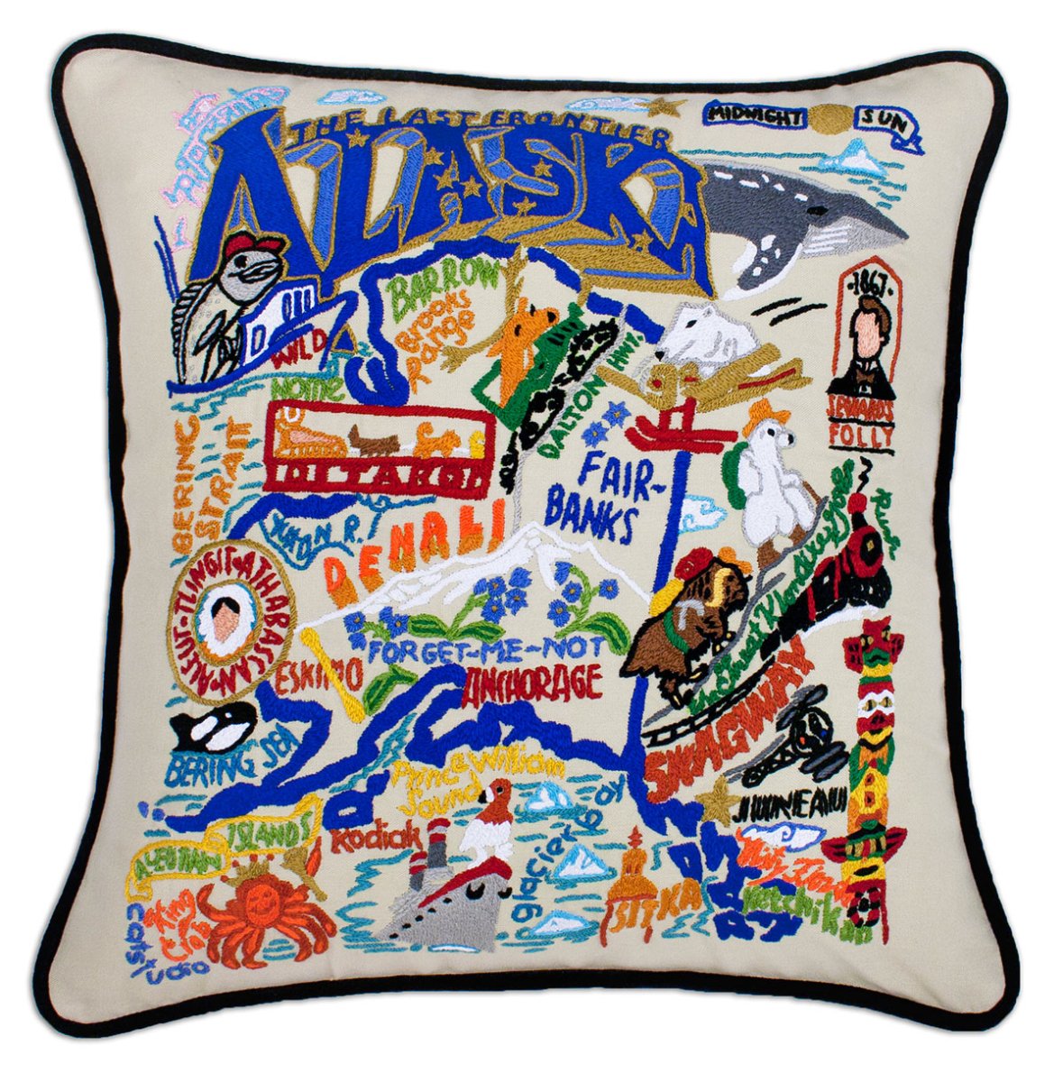 Alaska Wilderness State hand-embroidered throw pillow showcasing iconic landmarks