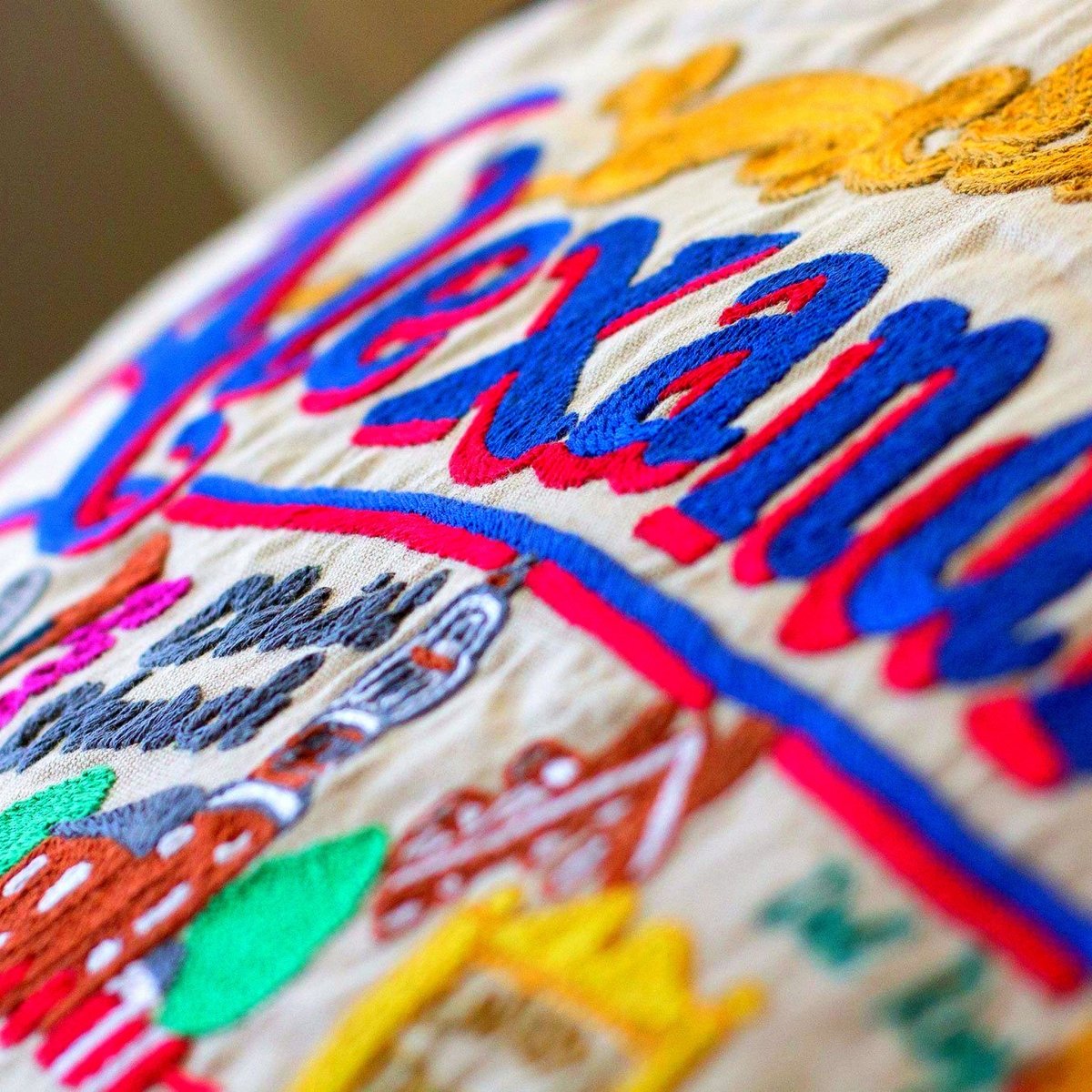 Alexandria, VA Historic City Embroidered Throw Pillow - close-up detail of hand-embroidered needlepoint stitching