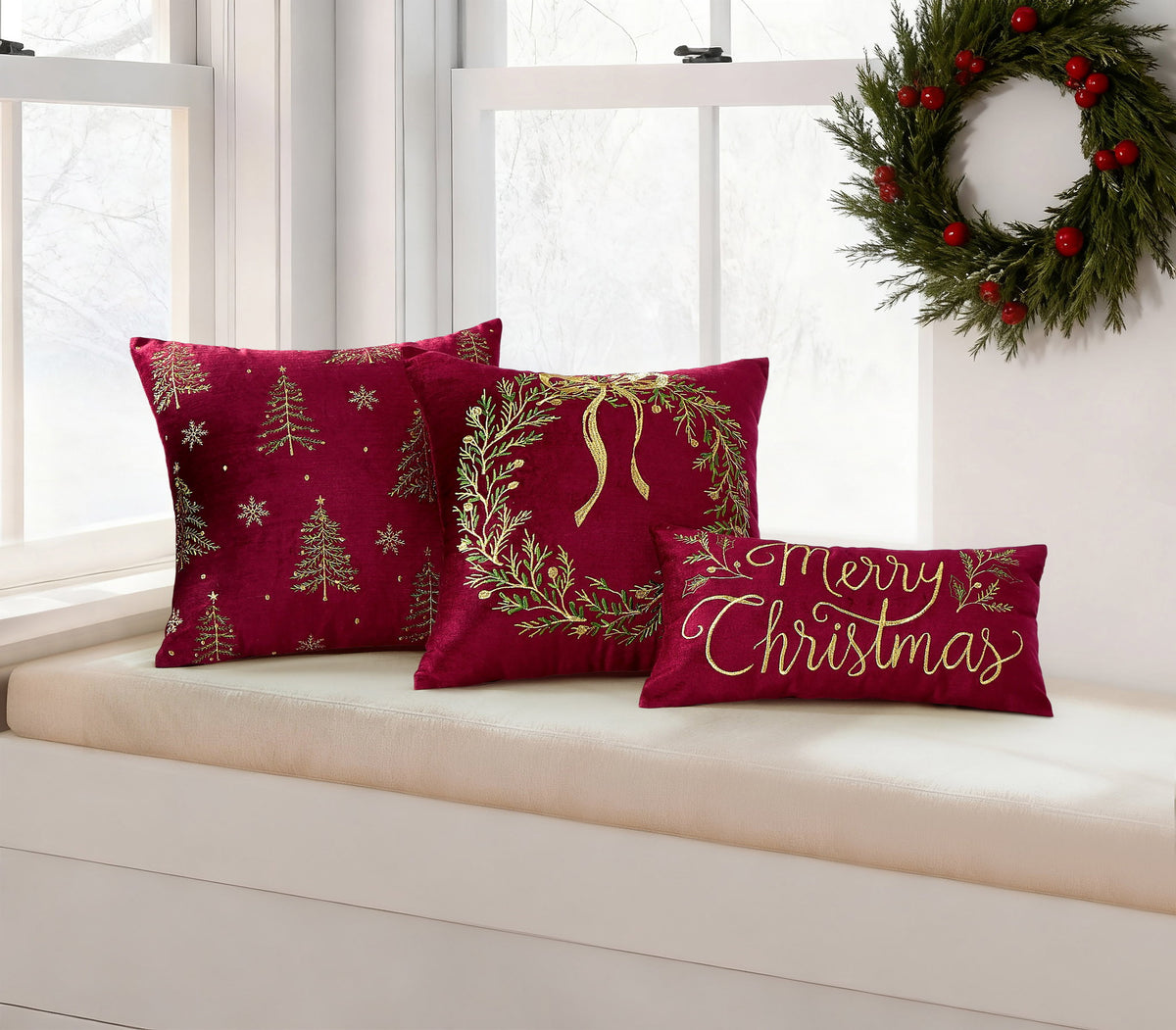 All Over Trees Velvet Embroidered Christmas Throw Pillow shown alongside other designs in the same collection, 16x16 inch
