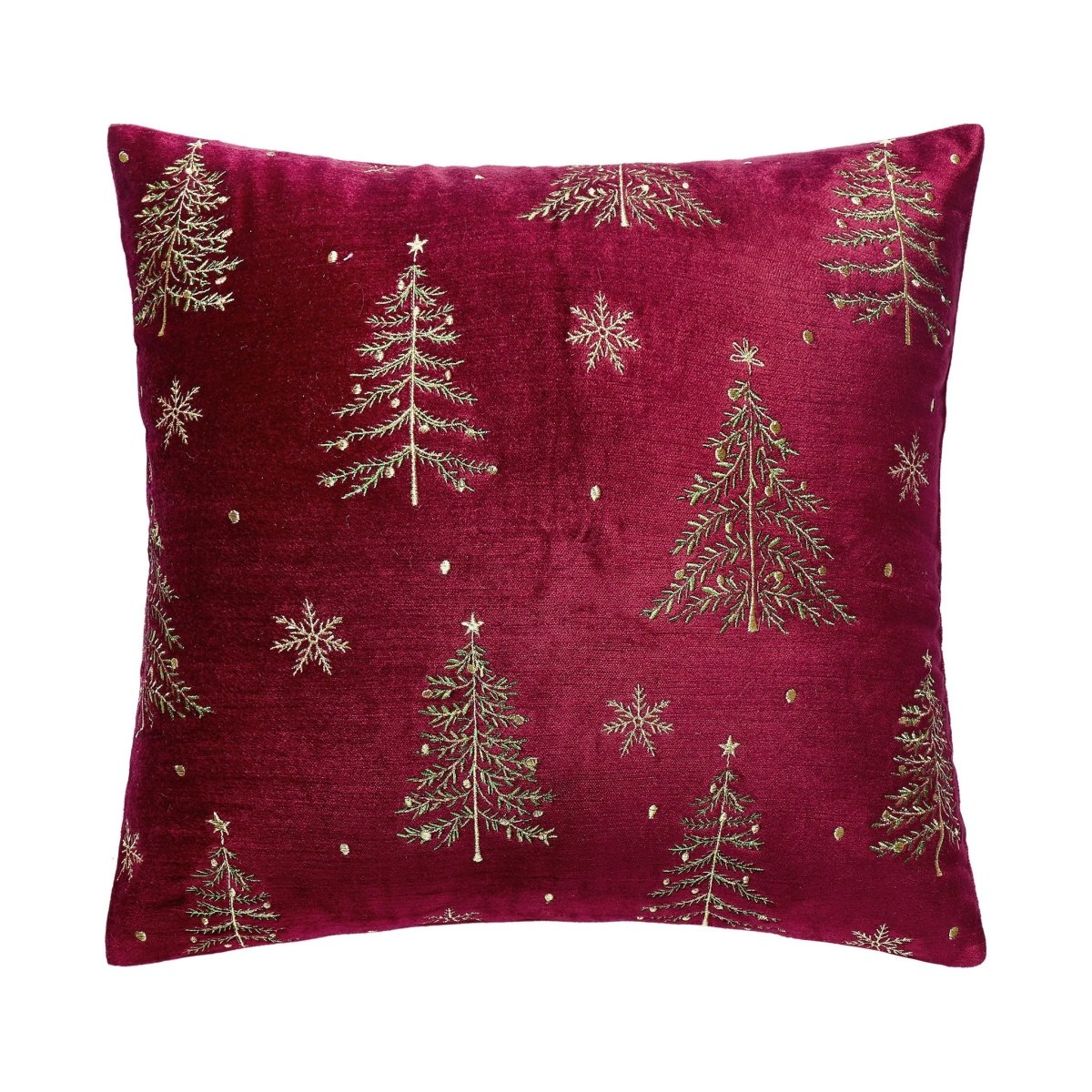 All Over Trees Velvet Embroidered Christmas Throw Pillow, 16x16 inch, front view