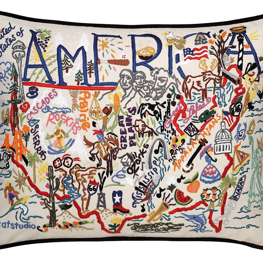 America Beautiful Collection State hand-embroidered throw pillow showcasing iconic landmarks