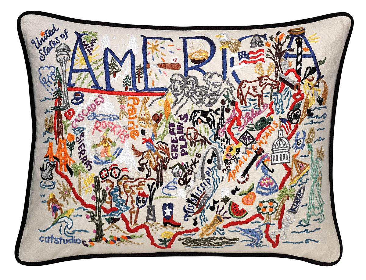 America Beautiful Collection State hand-embroidered throw pillow showcasing iconic landmarks
