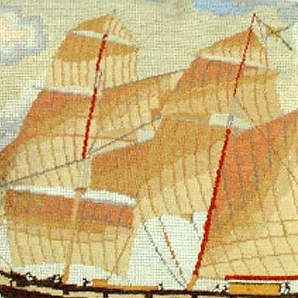 Closeup of American Georgiana Yacht Coastal needlepoint throw pillow highlighting hand-stitched wool craftsmanship and fabric detail