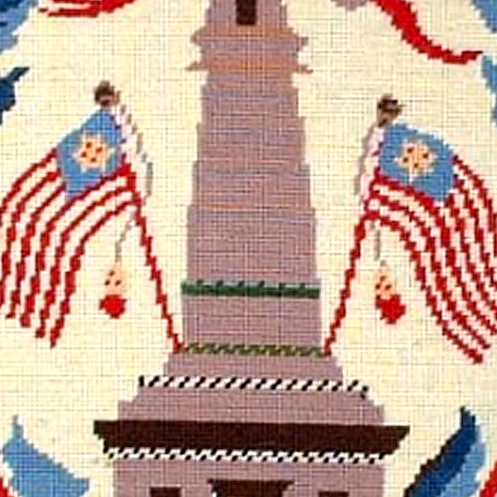 Hand-stitched wool detail of American Monument Flag Baltimore needlepoint pillow showing intricate weave pattern and texture