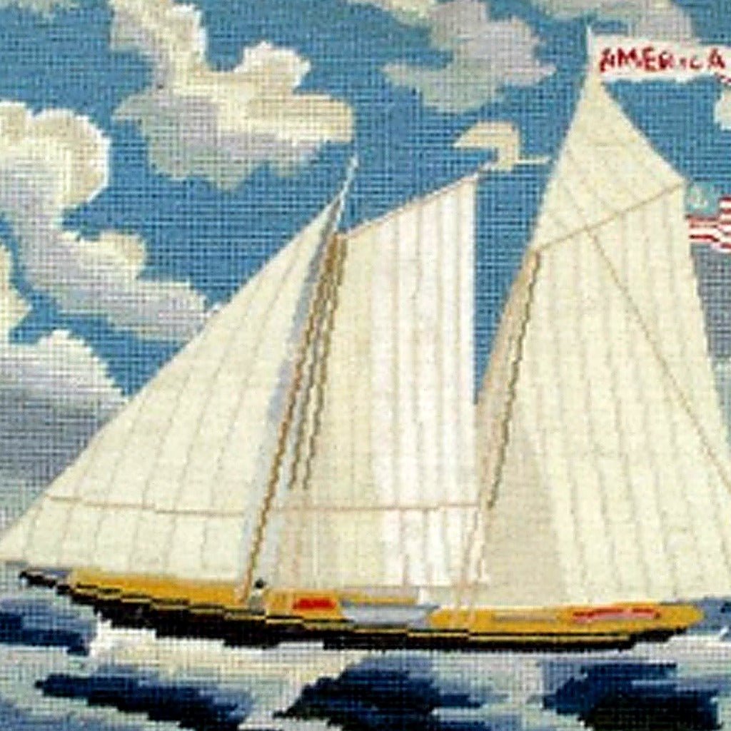 Closeup of Americas Cup Schooner Yacht Coastal needlepoint throw pillow highlighting hand-stitched wool craftsmanship and fabric detail
