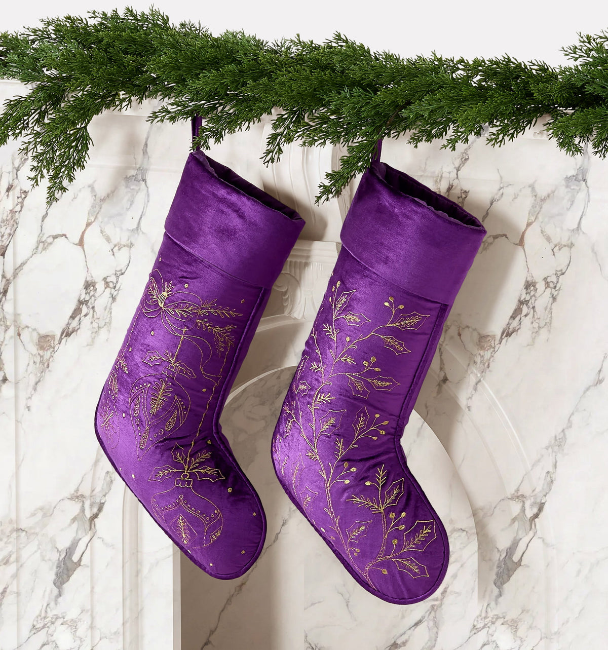 Amethyst Foliage Velvet Embroidered Christmas Stocking styled in a room setting, 12x20 inch