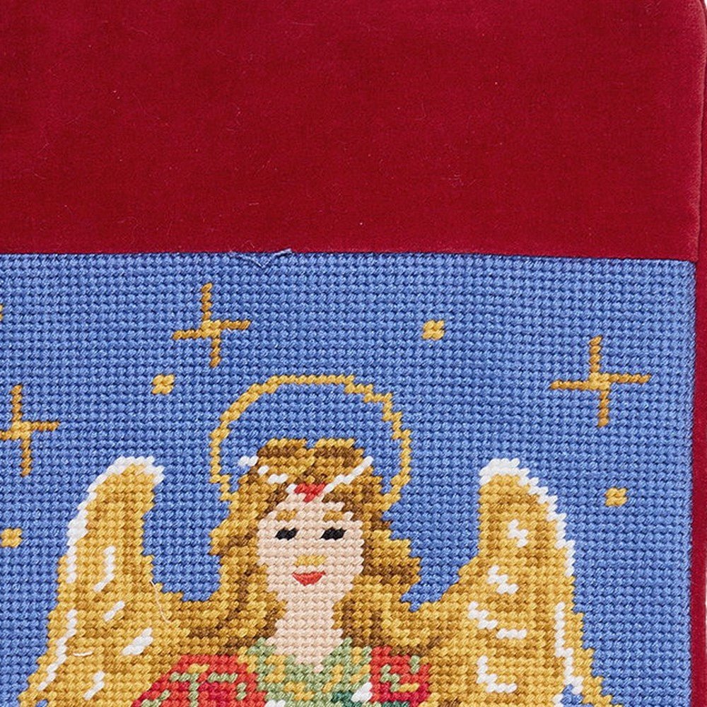 Closeup of Angel Embroidered Needlepoint Christmas Stocking showing stitch texture and craftsmanship detail