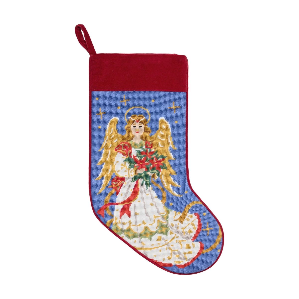 Angel Embroidered Needlepoint Christmas Stocking, 11x18 inch, front view