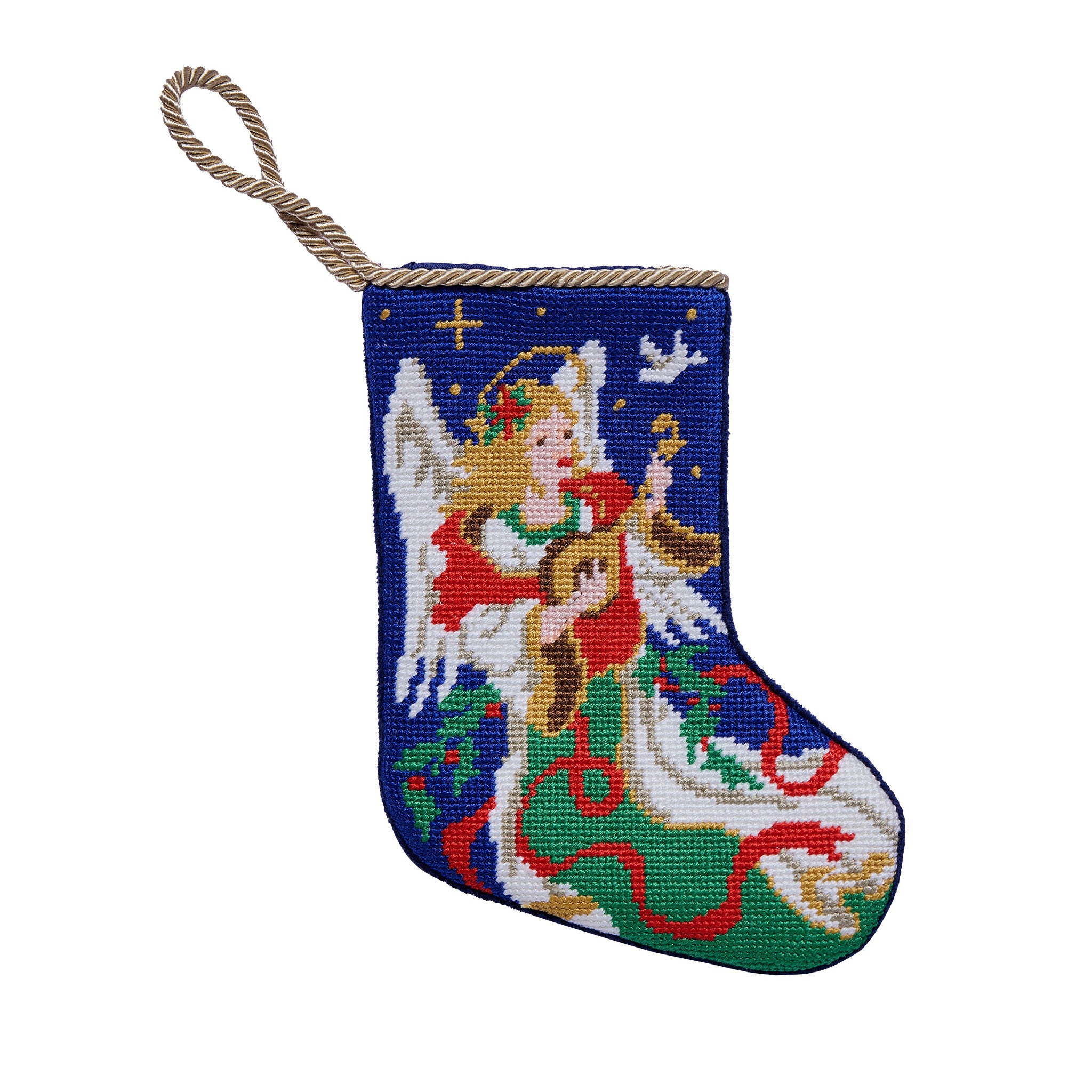 Angel Mini Embroidered Needlepoint Christmas Stocking, 6x4 inch, front view