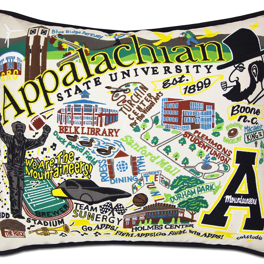Appalachian State Mountaineers hand-embroidered throw pillow featuring school colors and mascot imagery