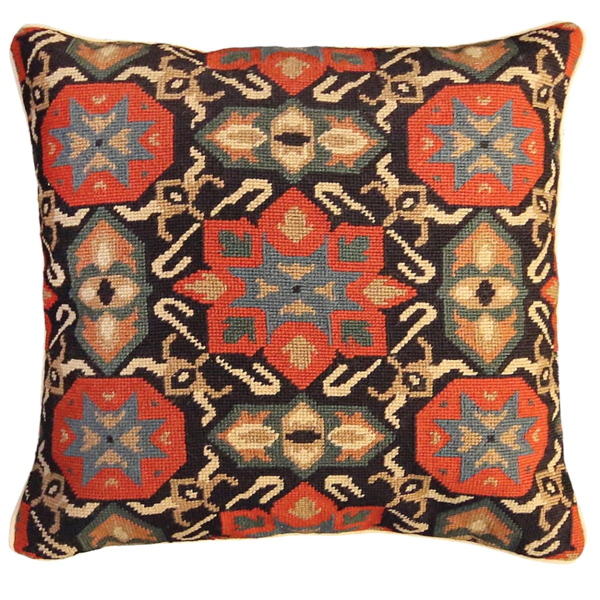 Ararat Turkish Geometric Blue needlepoint throw pillow with artisan decorative design