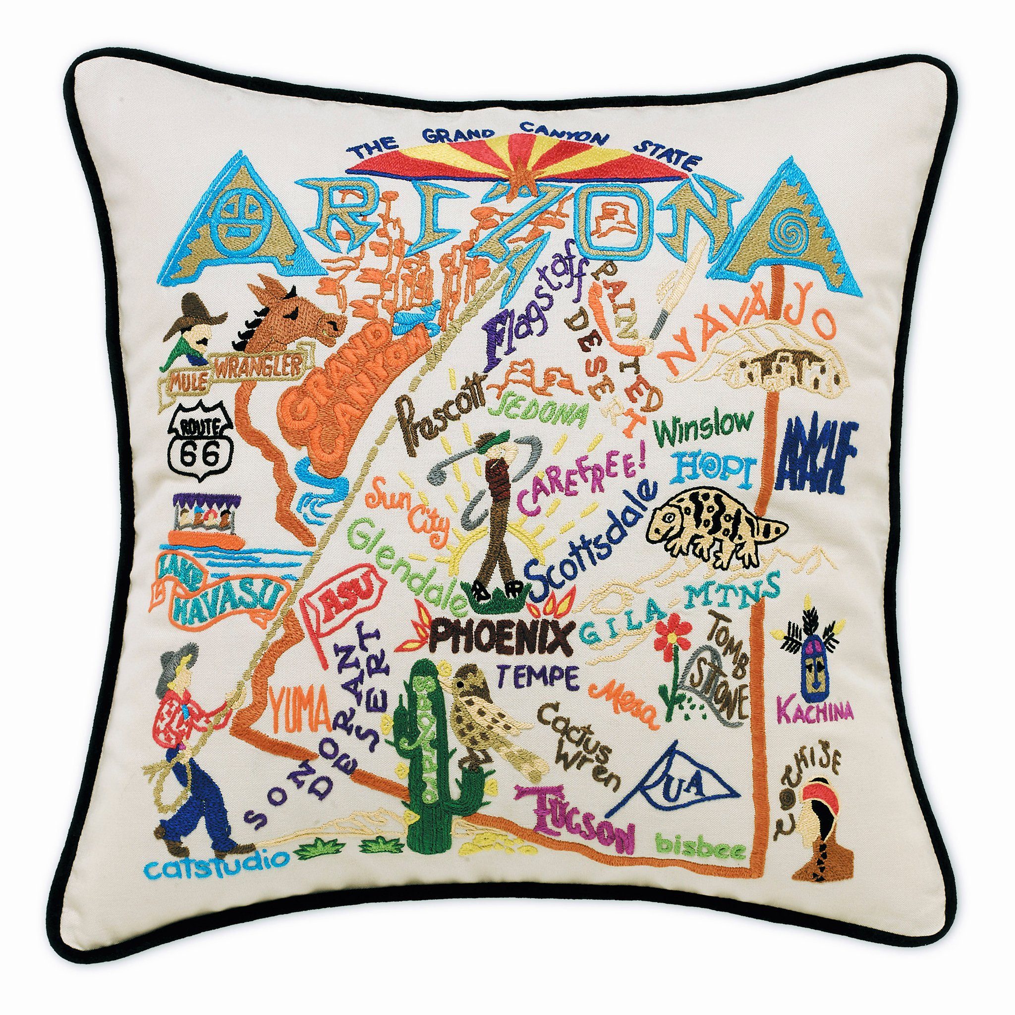 Arizona State Desert hand-embroidered throw pillow showcasing iconic landmarks