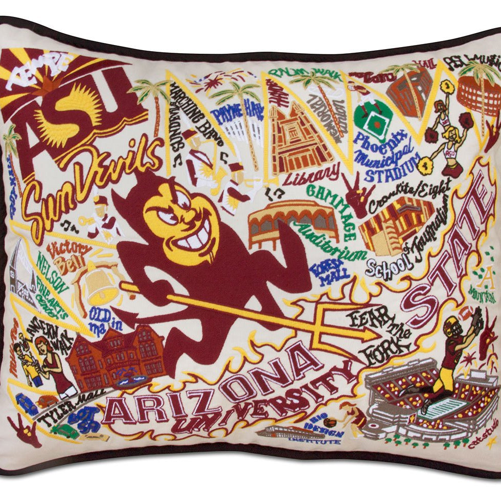 Arizona State Sun Devils hand-embroidered throw pillow featuring school colors and mascot imagery