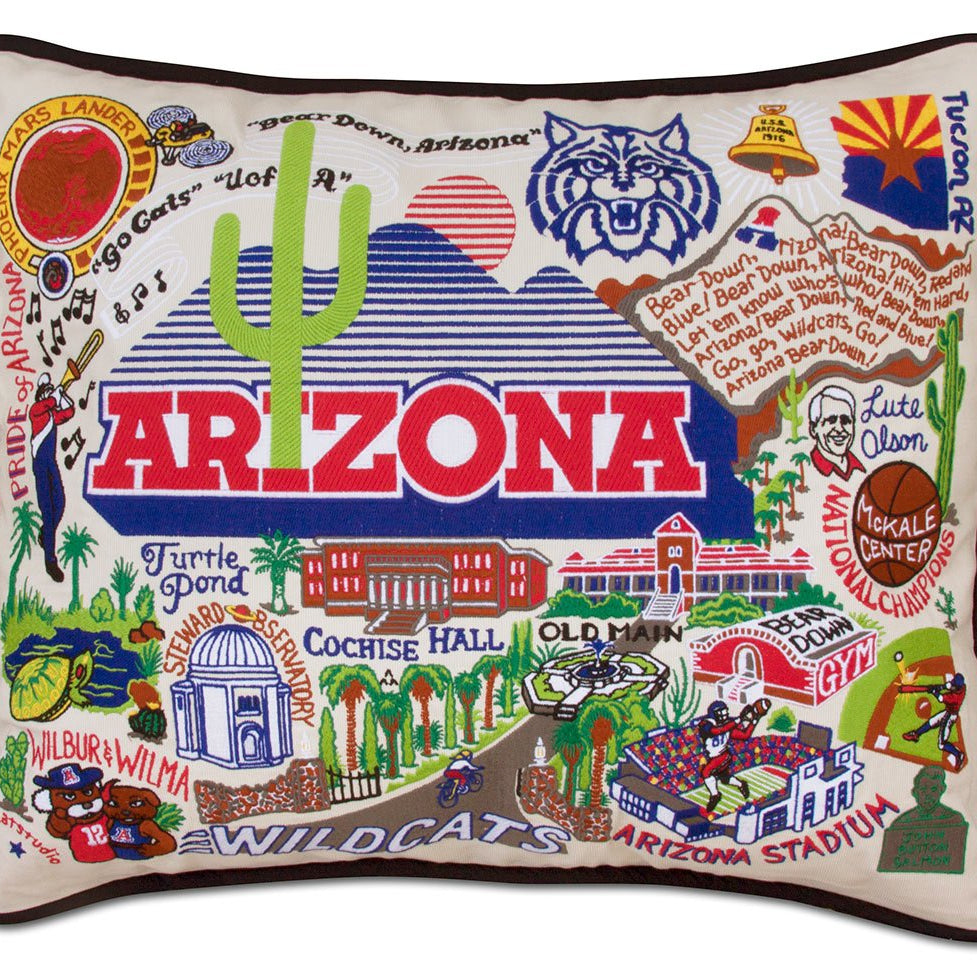 Arizona Wildcats hand-embroidered throw pillow featuring school colors and mascot imagery
