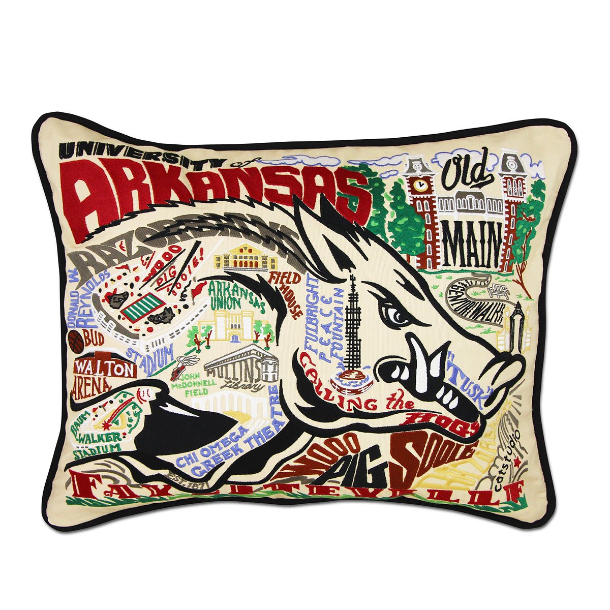 Arkansas Razorbacks hand-embroidered throw pillow featuring school colors and mascot imagery