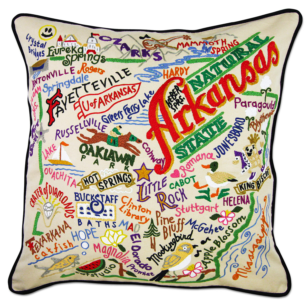 Arkansas State Natural hand-embroidered throw pillow showcasing iconic landmarks