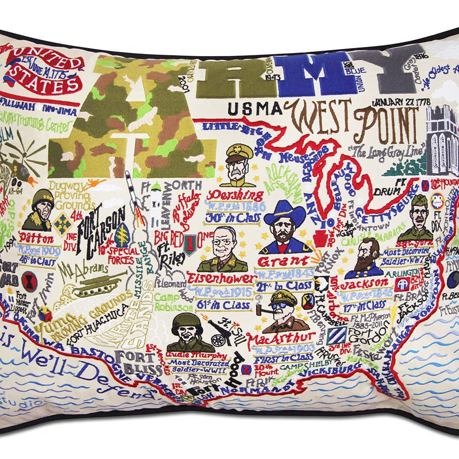 Army Appreciation hand-embroidered throw pillow showcasing iconic landmarks