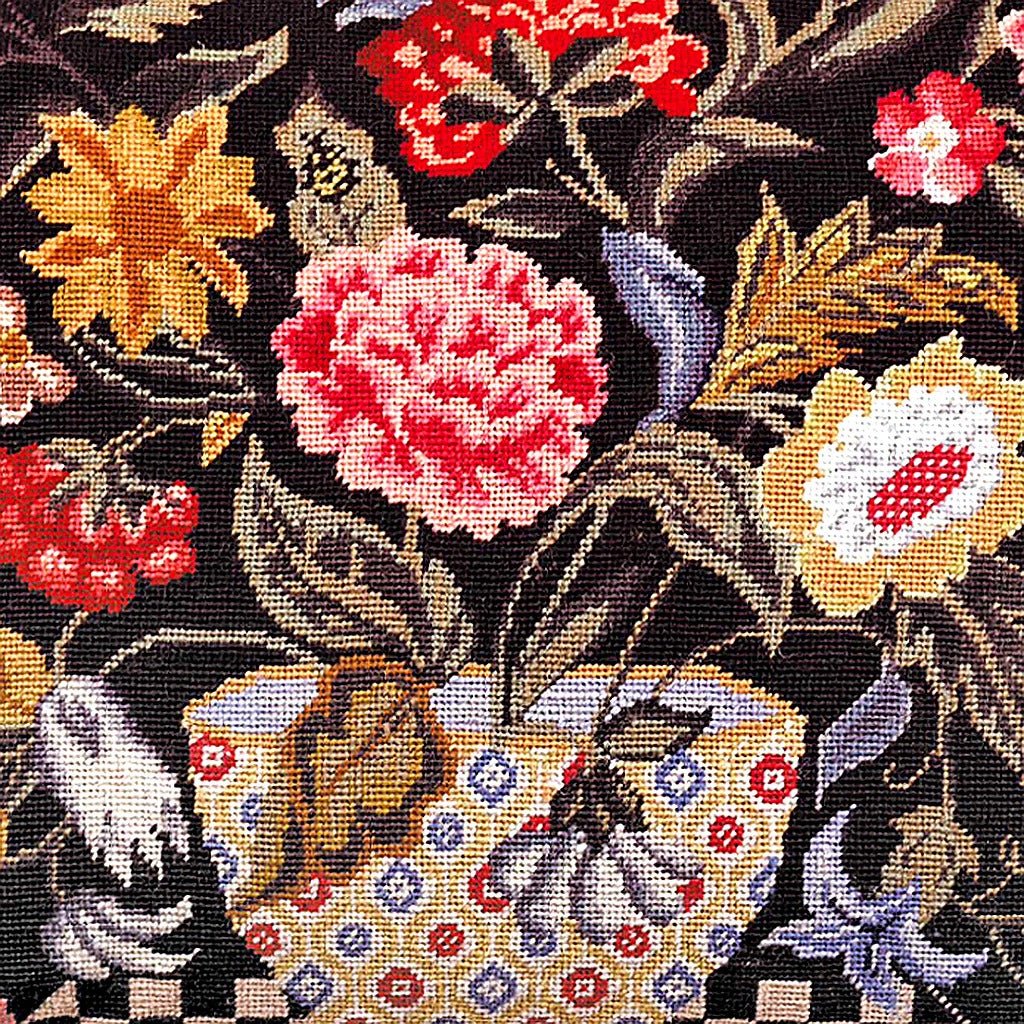 Hand-stitched wool detail of Artistic Orvieto Botanical needlepoint pillow showing intricate weave pattern and texture
