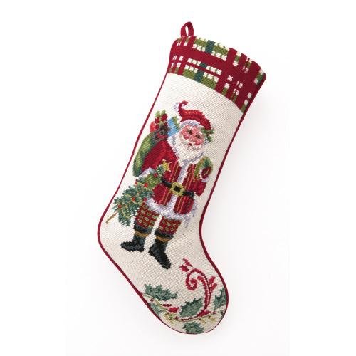 At North Pole Santa Wool Needlepoint Christmas Stocking, 11x18 inch, front view