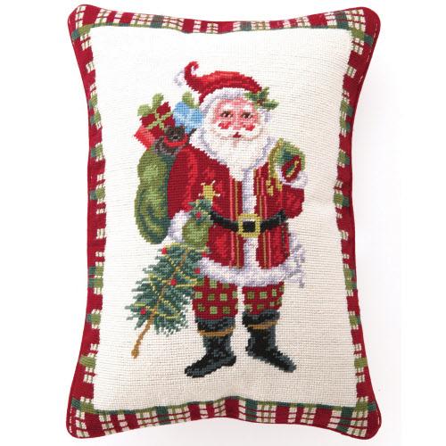 At North Pole Santa Wool Needlepoint Christmas Throw Pillow, 14x18 inch, front view