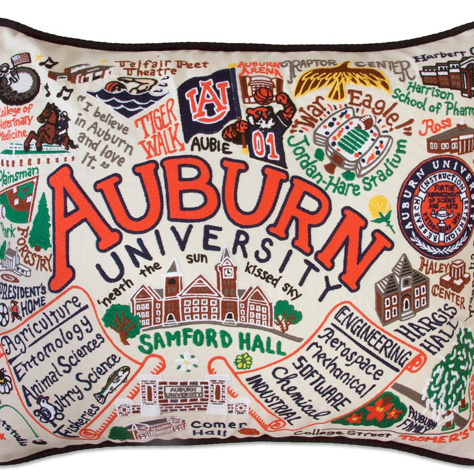 Auburn University Tigers hand-embroidered throw pillow featuring school colors and mascot imagery
