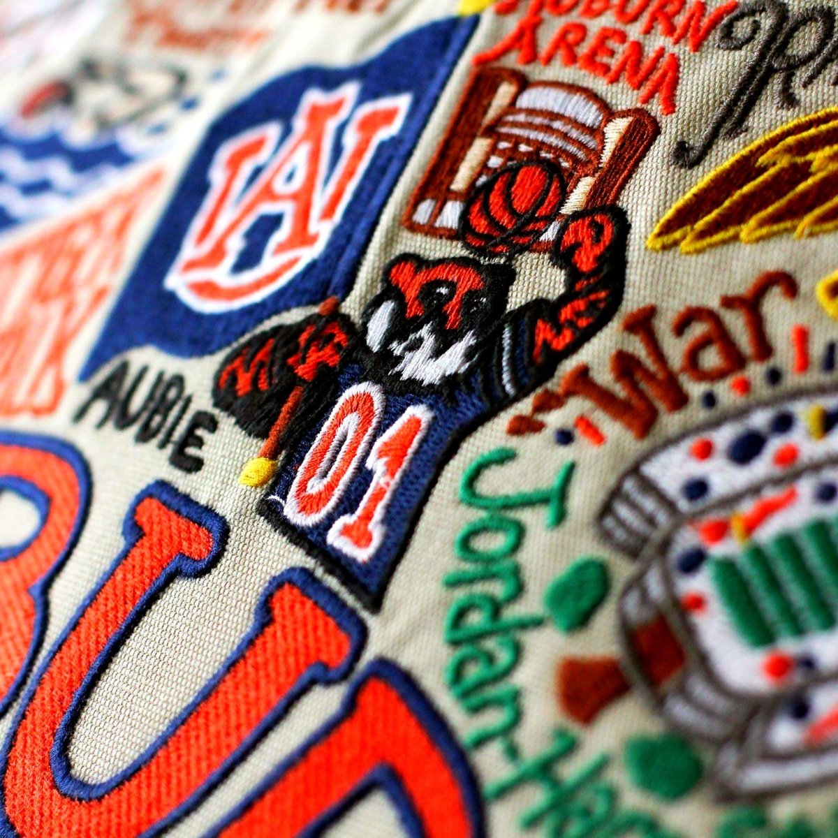 Auburn University Tigers Embroidered College Pillow - close-up detail of hand-embroidered needlepoint stitching