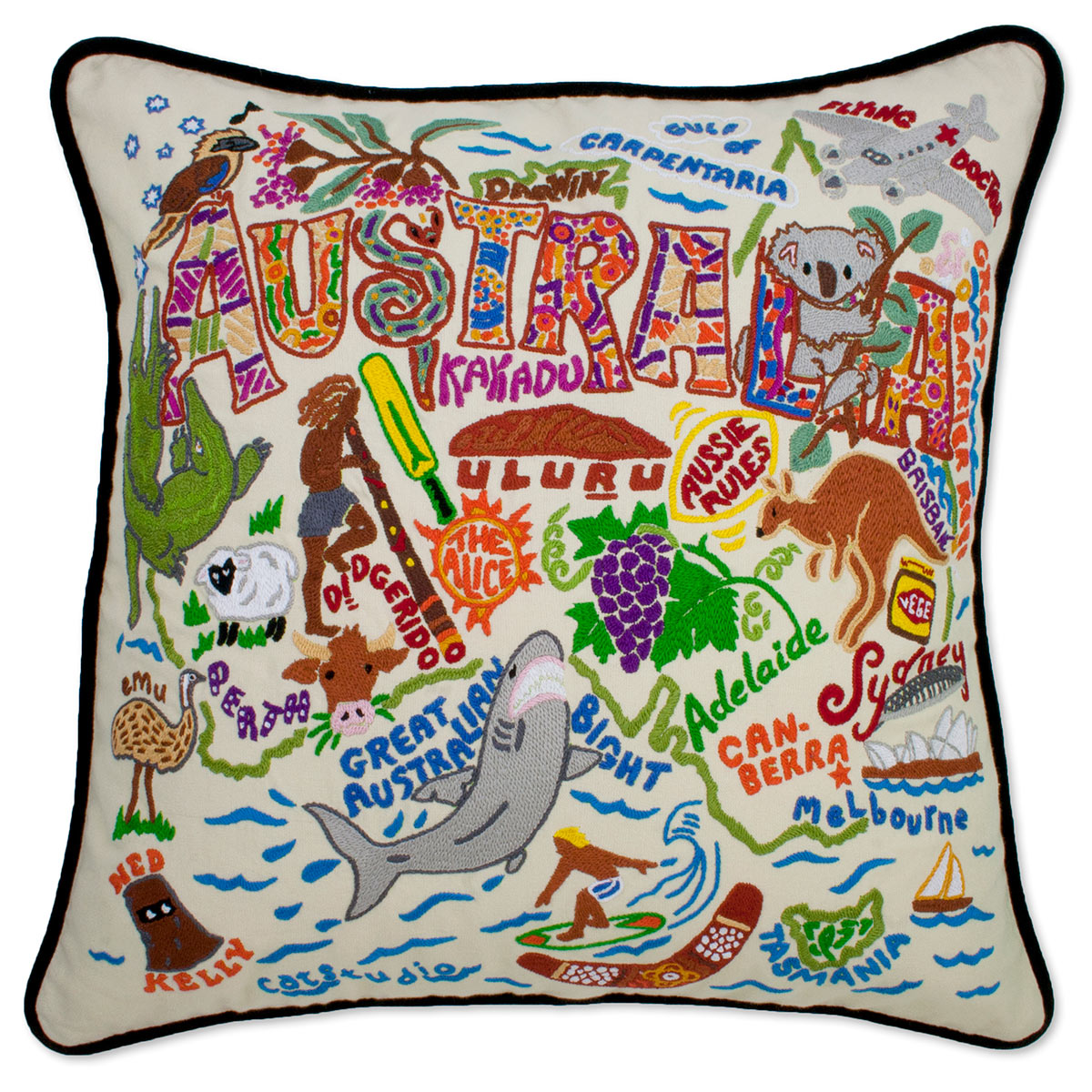 Australia Outback hand-embroidered throw pillow showcasing iconic landmarks