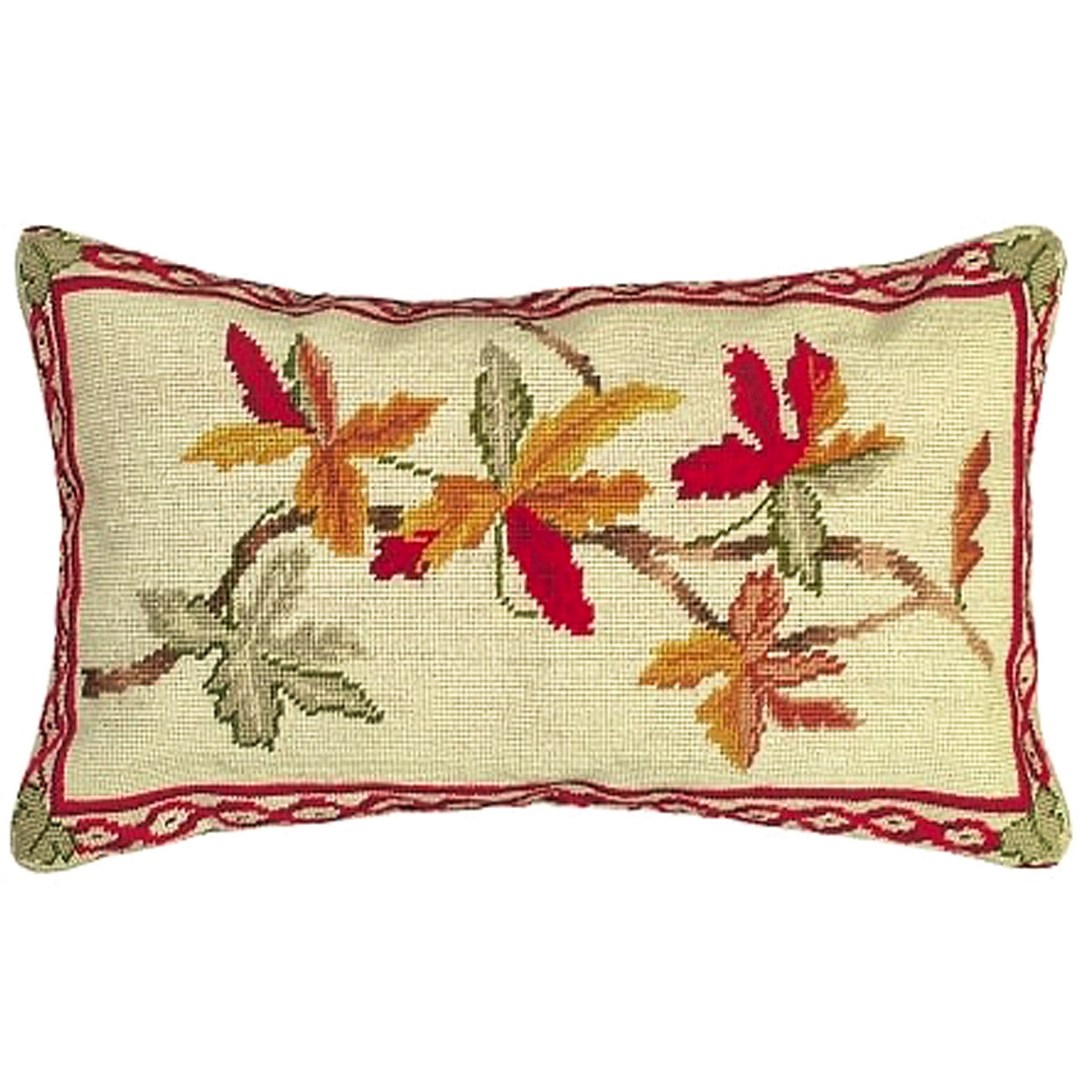 Autumn Fall Leaves needlepoint throw pillow with botanical floral design