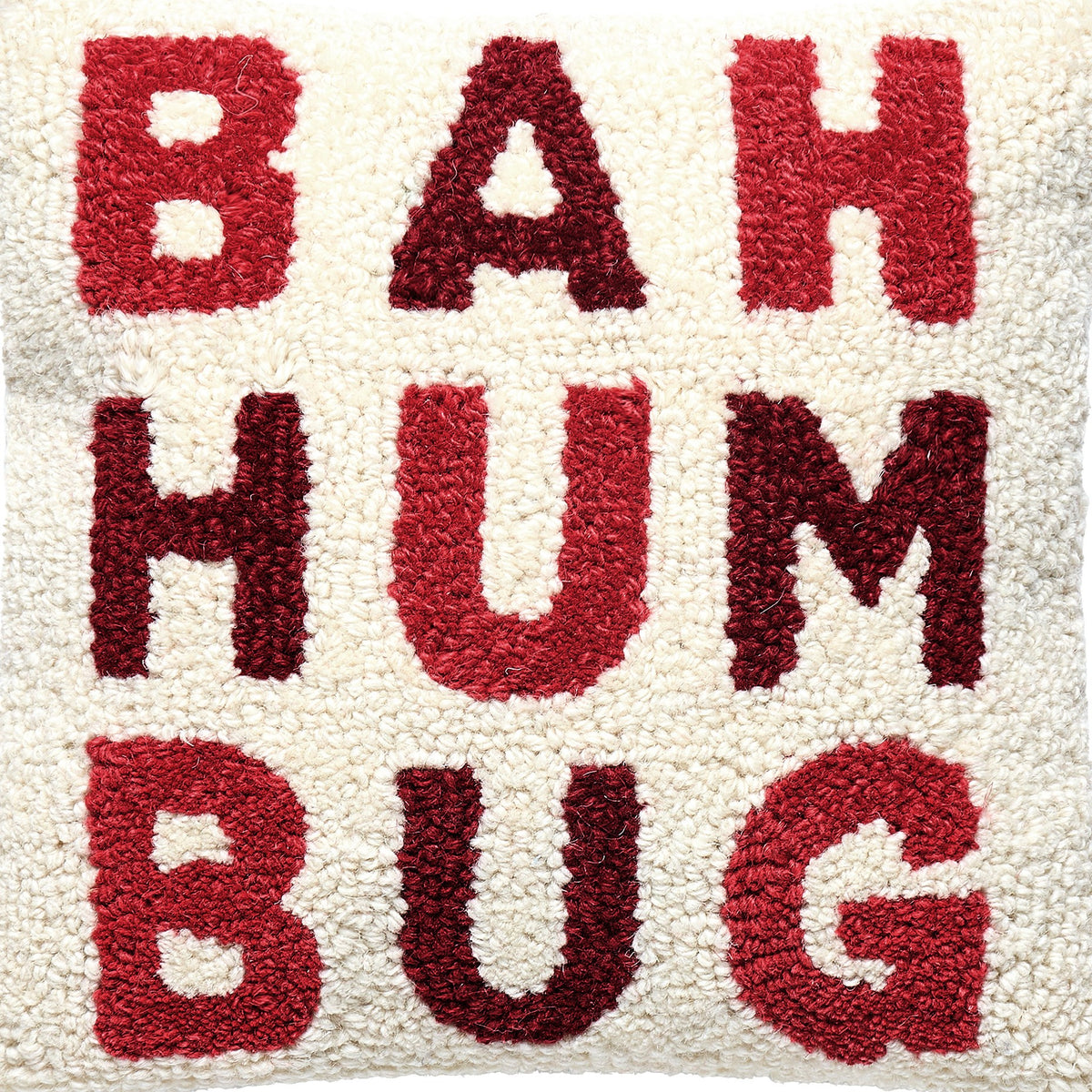 Bah Humbug Hooked Wool Christmas Throw Pillow, close-up detail