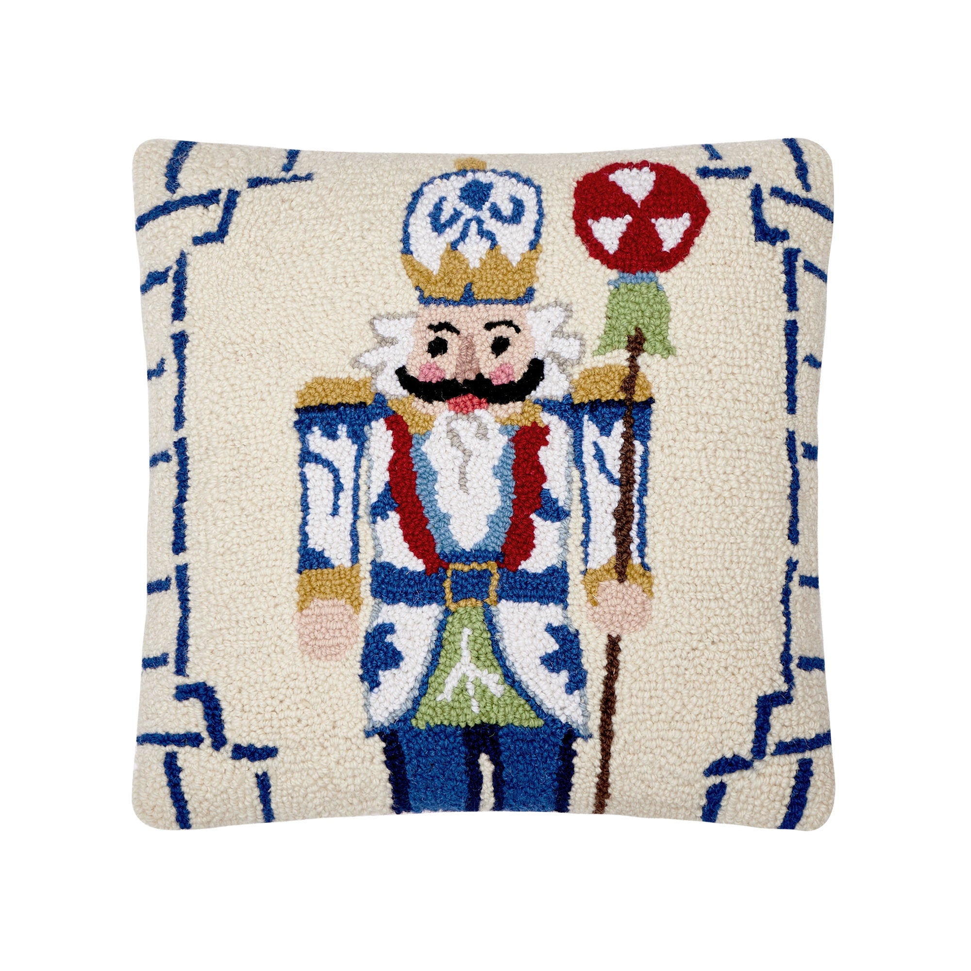 Bamboo Chinoiserie Nutcracker Hooked Wool Christmas Throw Pillow, 16x16 inch, front view