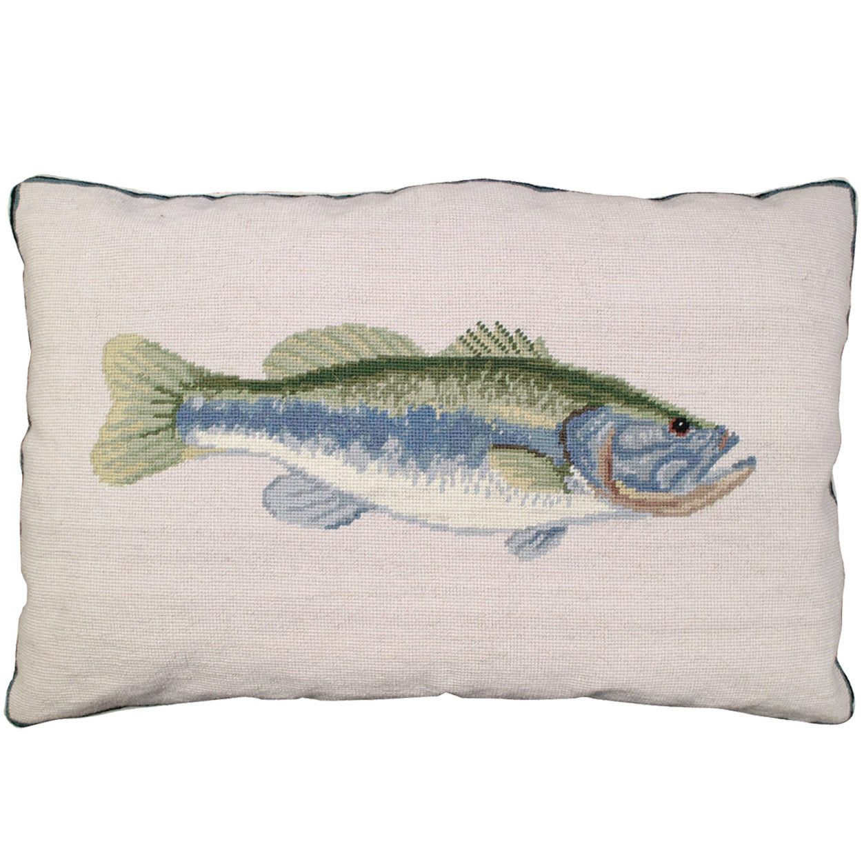 Bass Game Fish needlepoint throw pillow with rustic nature wildlife lodge design