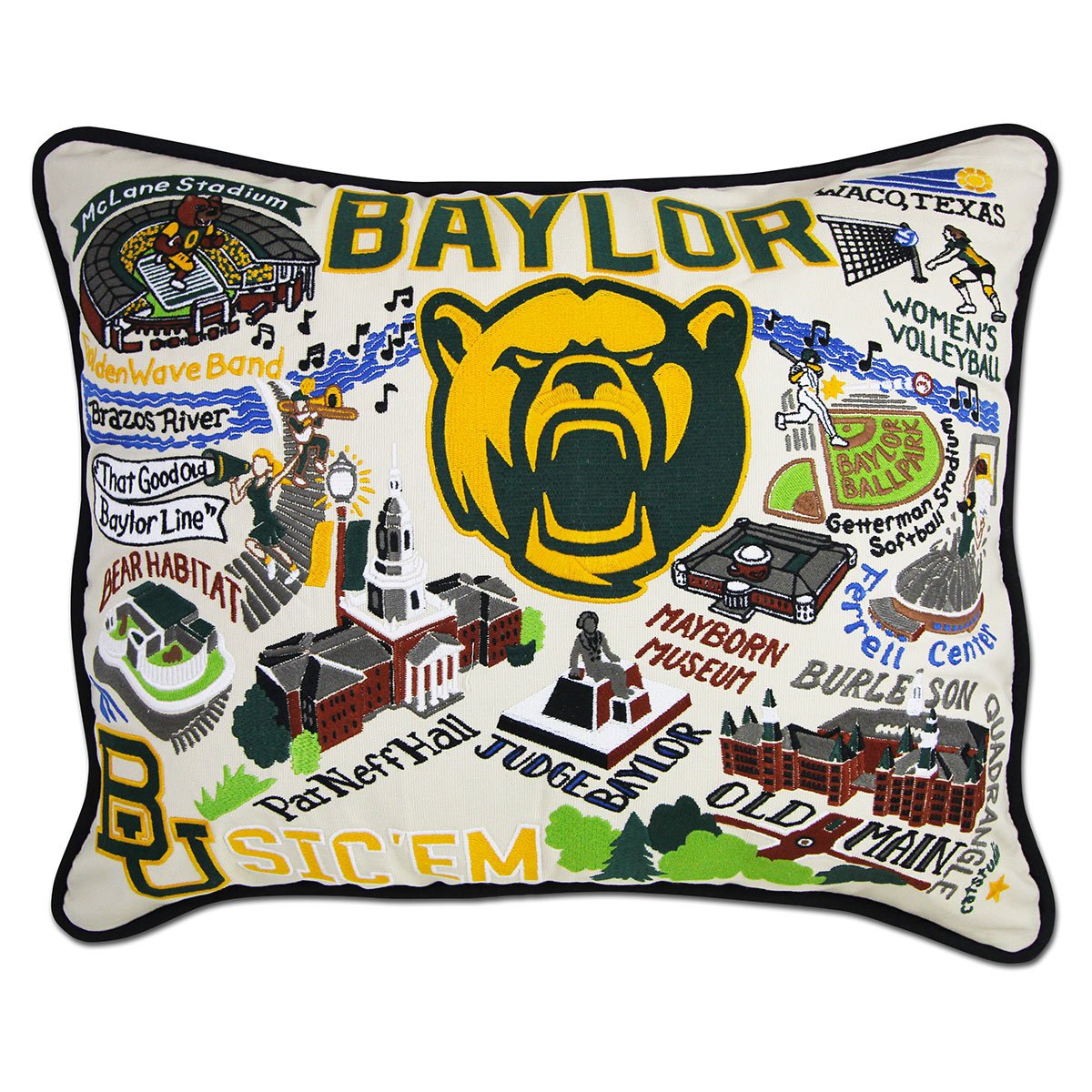 Baylor University Bears hand-embroidered throw pillow featuring school colors and mascot imagery