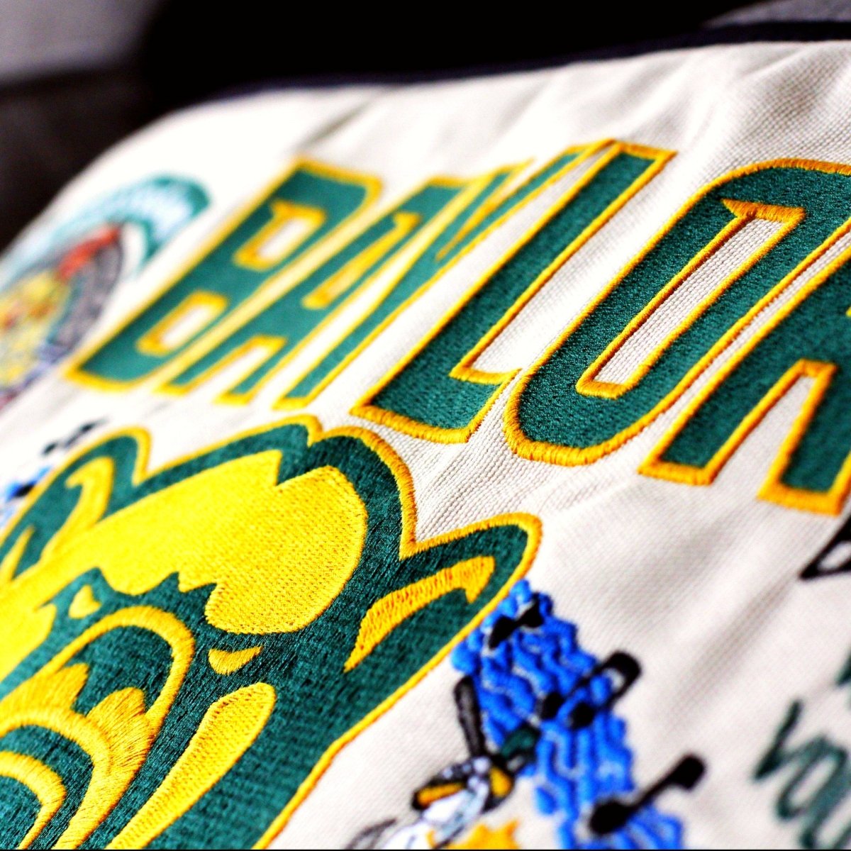 Baylor University Bears Embroidered College Pillow - close-up detail of hand-embroidered needlepoint stitching