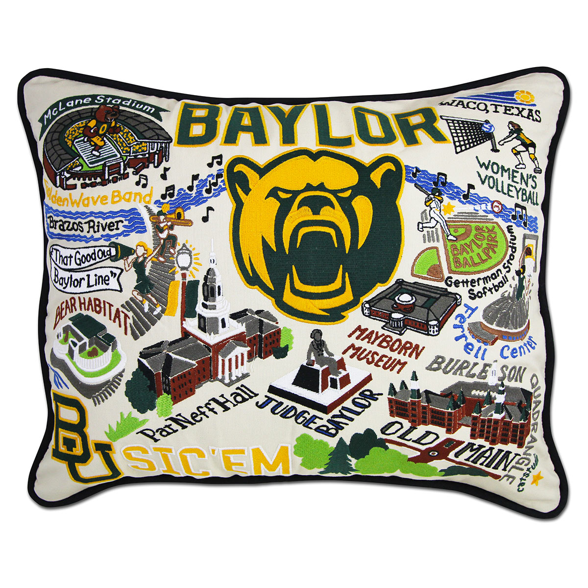 Baylor University Bears hand-embroidered throw pillow featuring school colors and mascot imagery