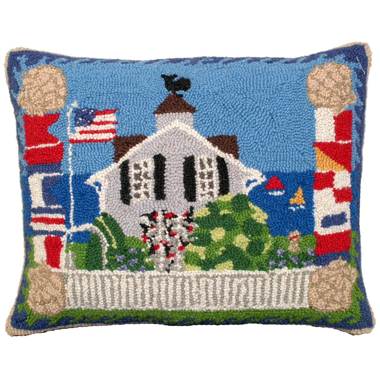 Beach House hooked wool throw pillow with nautical coastal motifs