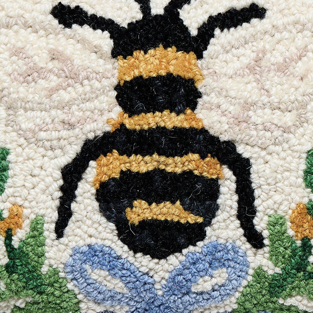 Bee in a Wreath Hooked Wool Throw Pillow, close-up detail