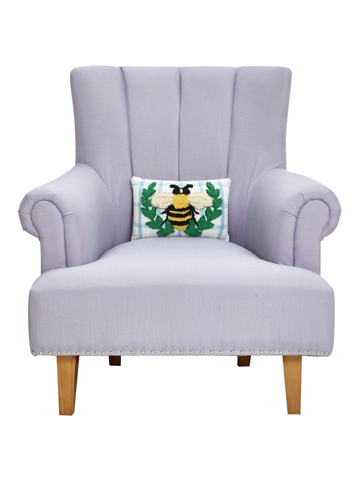 Bee Wreath Hooked Wool Throw Pillow on an armchair, showing the throw pillow at room scale, 8x12 inch